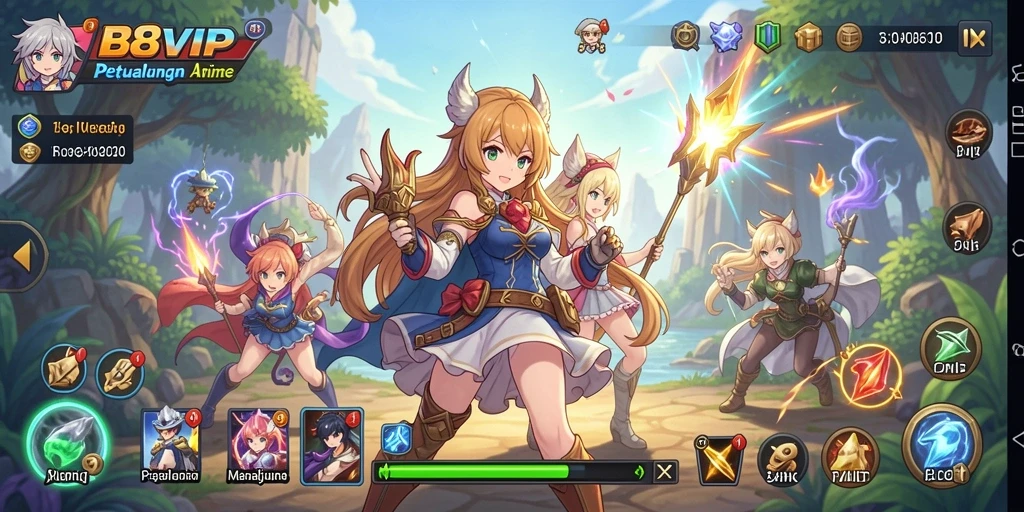 Tangkapan layar B8VIP menampilkan karakter anime dalam pertarungan epik.