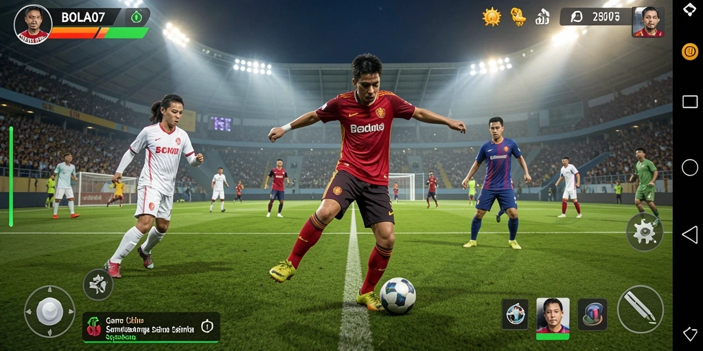 Screenshot utama BOLA07 menampilkan gameplay seru dengan aksi sepakbola intens.