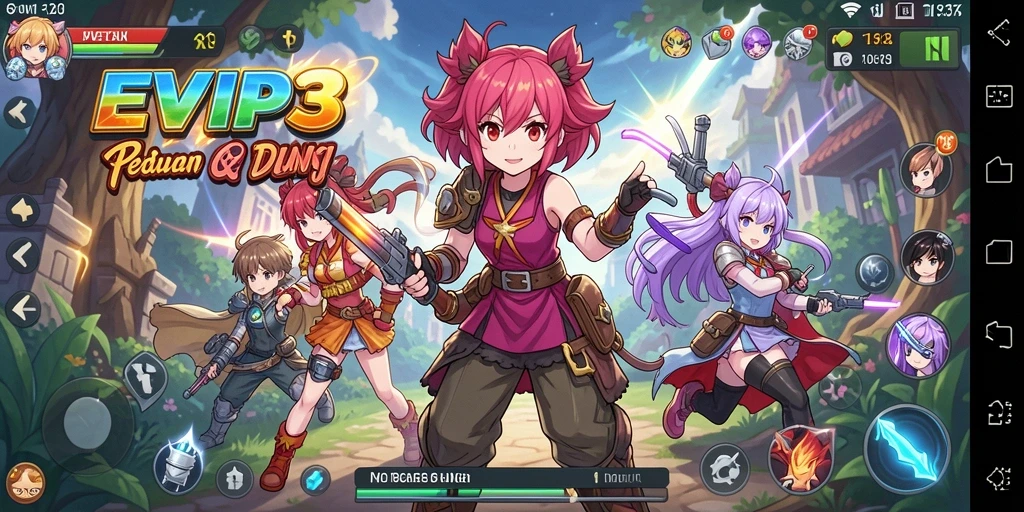 Screenshot gameplay EVIP3 yang menampilkan aksi seru dan karakter anime.