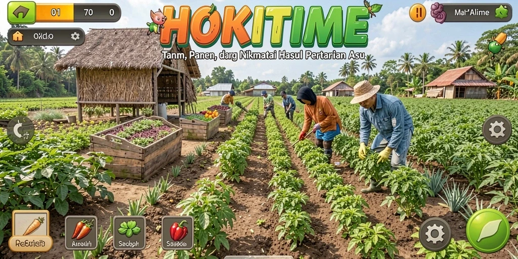 Tampilan gameplay HOKITIME dengan ladang yang subur dan tanaman hijau.