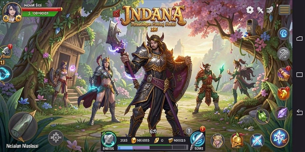 Screenshot gameplay INDAAA yang menampilkan pertarungan epik di dunia fantasi.