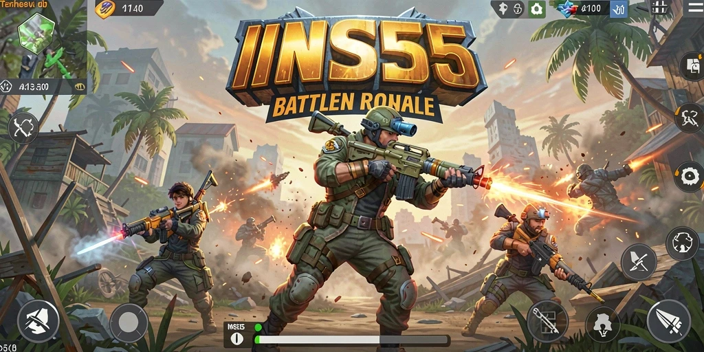 Screenshot INS55 menampilkan aksi pertempuran seru di medan tempur Battle Royale.
