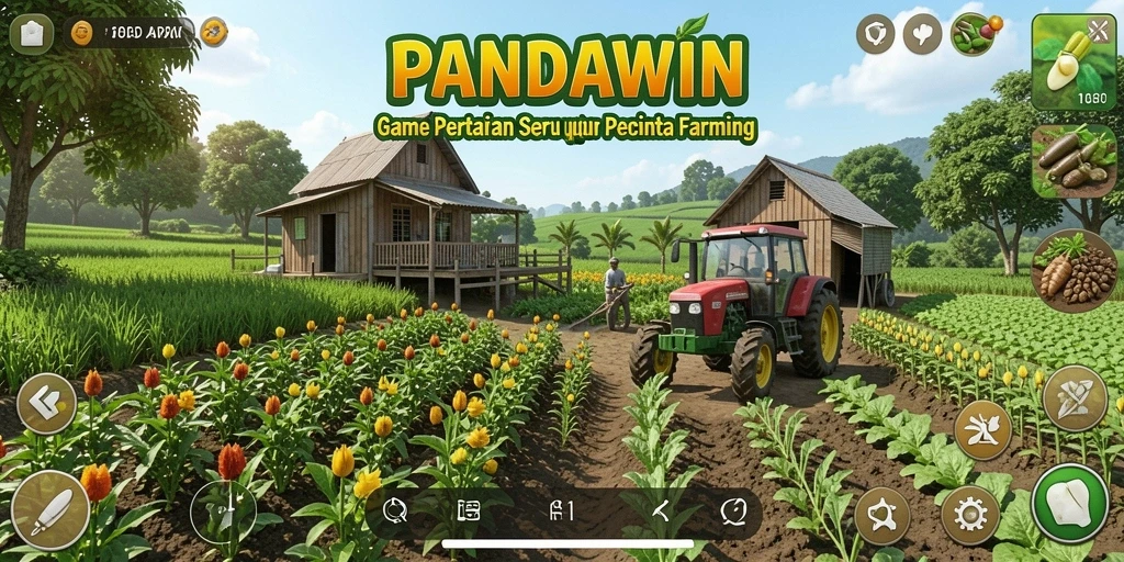 Tampilan gameplay PANDAWIN dengan aktivitas bertani yang seru.
