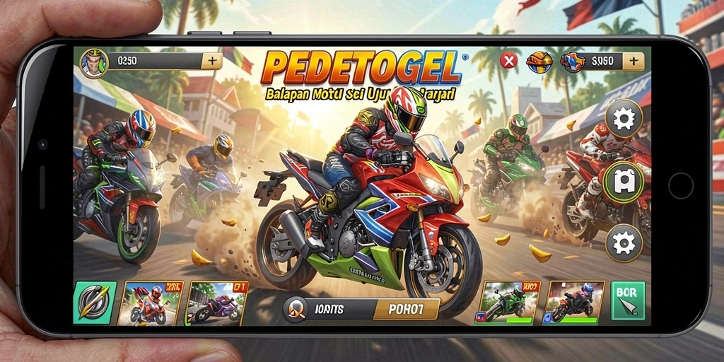 Screenshot utama PEDETOGEL menunjukkan aksi balapan motor yang mendebarkan.