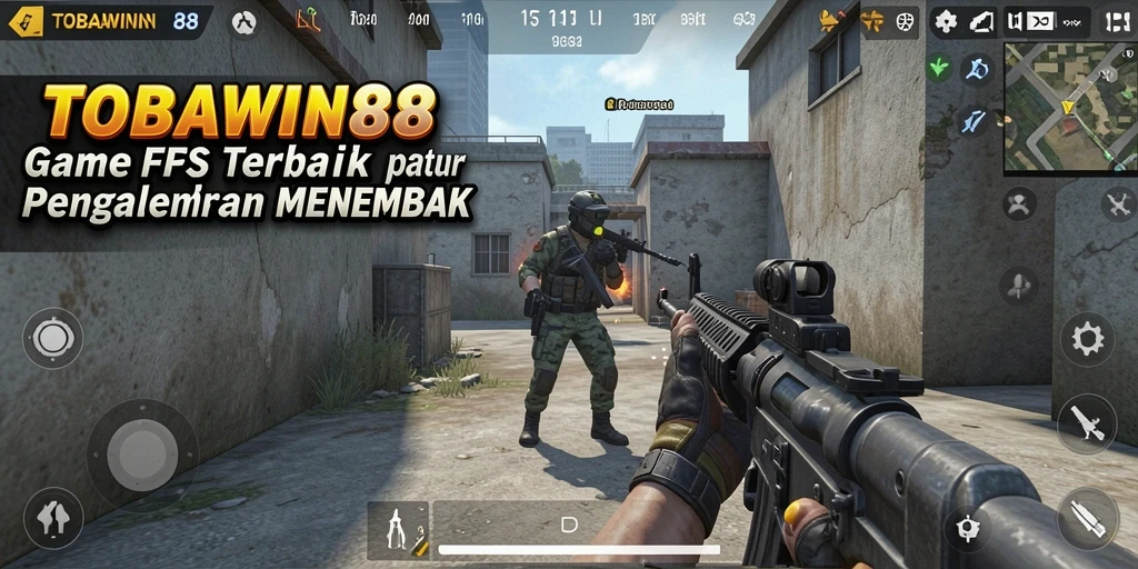 Screenshot utama TOBAWIN88 menampilkan aksi intens gameplay FPS.