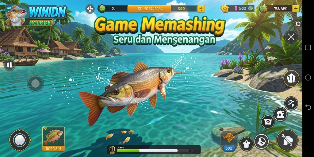 Gameplay WINIDN yang menampilkan pemancing yang sedang menangkap ikan di danau.